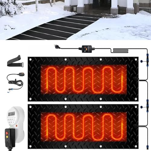 Snow and Ice Melting Mats with Timer, 1/2/3/4/5 Pcs Heated Outdoor Mats Electric Snow Melting Mats for Winter Snow Removal Non Slip Rubber Heated Mat with Power Cor(2 Pcs-10x48in/(25.4x120cm))