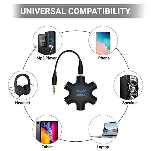 ULTRICS Headphone Splitter, 3.5mm Male to Female Multi Earphone Audio Splitter, 5 Ports Stereo Headset Adapter Compatible with iPhone Smartphone Tablet Laptop PC PS4 Xbox MP3 Player Speaker – Black