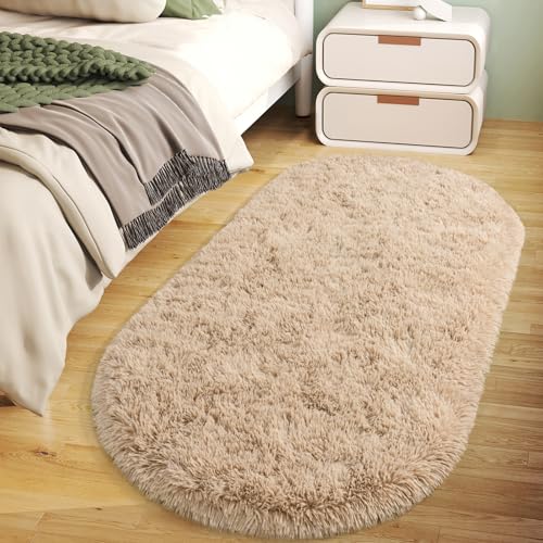 Soft Fluffy Rugs for Bedroom, Beige Fuzzy Shaggy Oval Bedside Area Rug Set of 2, Non-Slip Cozy Plush Shag Carpet for Kids Room Nursery Dorm Living Room, 2.6 x 5.3 Feet