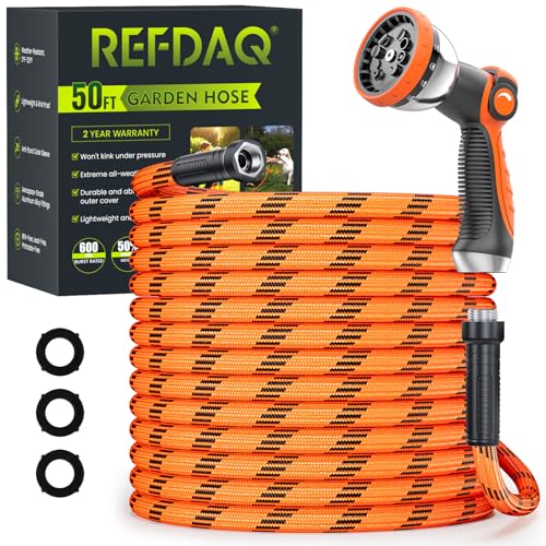 REFDAQ Garden Hose 50 ft, Water Hose Heavy Duty, Flexible Lightweight Non-Expanding Hose with 10 Function Sprayer, Leak-Proof, Burst-Resistant, High-Pressure, Anti-Kink, Garden Gifts for Men Women