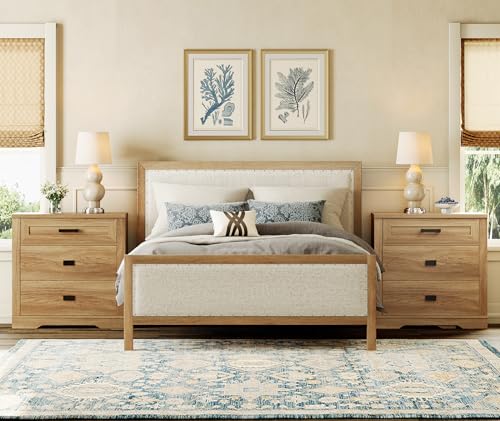 Image of WAMPAT 31.5 inch Wide Large Nightstand Set of 2, 32 inch Tall Oversized Modern Farmhouse Bedside Table with Large Drawers 2-Piece Set for Bedroom, Walnut Oak