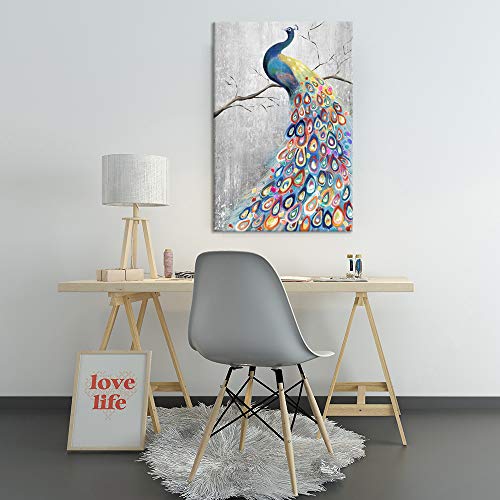 Zlove Large Canvas Wall Art Colorful Peacock Artwork Grey Background Abstract Animal Painting On Canvas Stretched And Framed For Modern Home Bedroom Decoration Ready To Hang 24X36Inch #TOP2