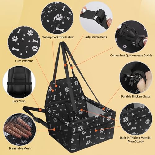 Image of Dog Car Seat, Foldable Dog Car Booster Seat Waterproof Breathable Oxford Travel Bag for Small to Medium Dogs, Puppies, and Pets-Pattern Black