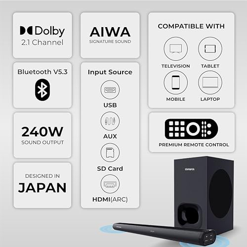 Image of Aiwa Soundbar with Bluetooth V5.3 and Powerful Bass, 6.50 Inches Subwoofer, 2.1 Channel with Remote Control SD Card, HDMI AUX, USB and Optical Connectivity 240W Sound bar | Satori - AW-SSB240 (Black)