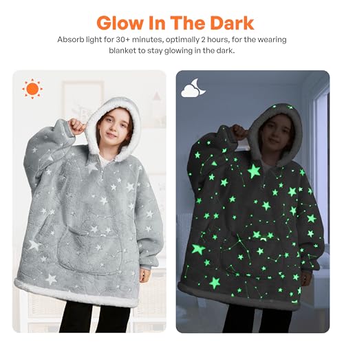 Image of Giggling Getup Glow in The Dark Wearable Blanket Hoodie for Girls and Boys Warm Cozy Sherpa Fleece Hooded Blanket Sweatshirt Oversized Hoodie with Giant Pocket & Sleeves for Kids Cat