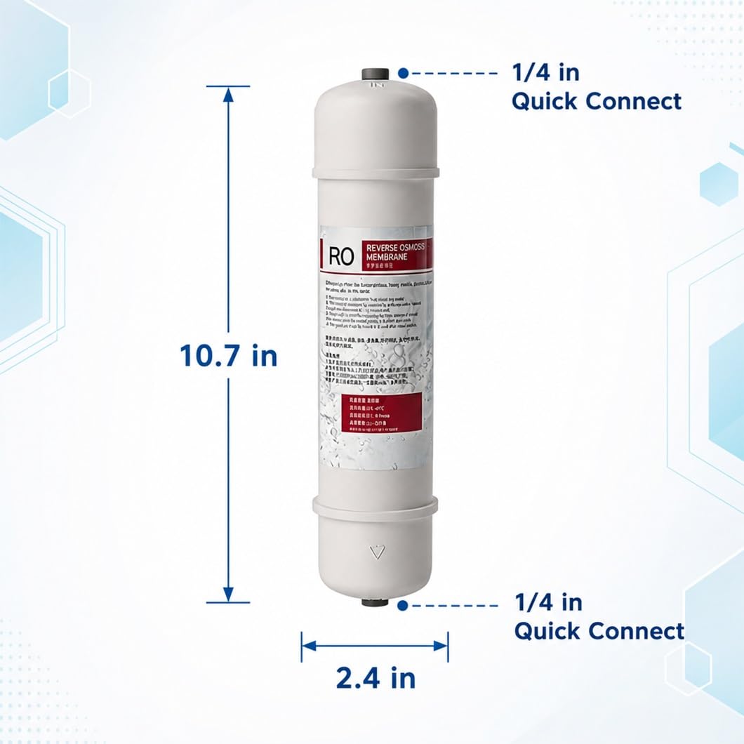 Confezione da 3 Membrane RO Ispessite 10,7" X 2,4", 0,0001 Μm, Innesto Rapido da 1/4", Adatte per Acqua di Tutta La Casa E Sistemi di Prefiltrazione A Osmosi Inversa