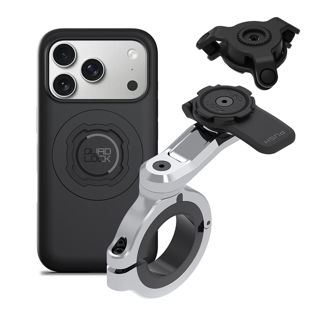Quad Lock Support Téléphone pour Guidon de Moto Pro Chrome - Grand avec Amortisseur de Vibrations et Coque MAG pour iPhone 17 Pro