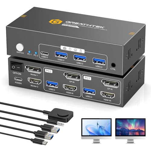 Image of HDMI+Displayport KVM Switch 2 Monitors 2 Computers 8K@60HZ Dual Monitors KVM Switcher for 2 PC /Laptops Share Mouse Keyboard and 2 Screens,with USB3.0 Ports /Wired Controller EDID Adapative