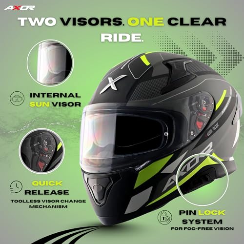 Image of Axor Apex Turbine ISI ECE DOT Certified Full Face Dual Visor Helmet for Men and Women with Pinlock Fitted Outer Clear Visor and Inner Smoke Sun Visor Black Neon Grey Helmet-L