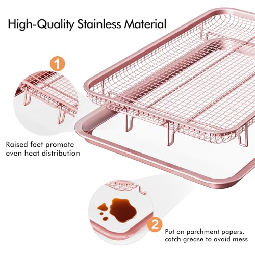 Image of Air Fryer Basket for Oven, THORSES 2 Set Oven Air Fryer Basket and Tray Set | with 60 Sheets Parchment Papers, Carbon Steel NonStick Air Fryer Pans and Tray-Large15 inchx11 inch & Medium13.4 inchx9.6 inch-Pink