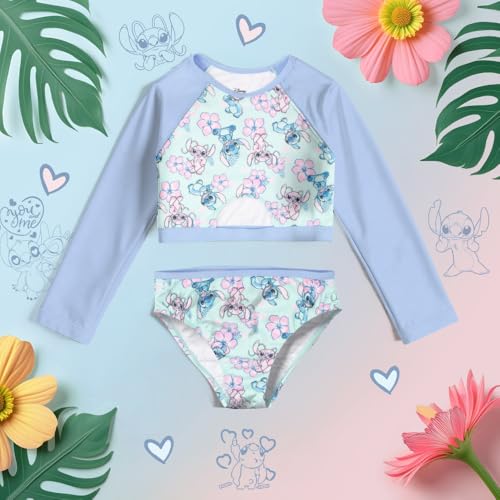 Image of Disney Lilo & Stitch Girls 2-Piece Swimsuit Set, Long-Sleeved Rash Guard and Bikini Bottoms, Quick-Drying Swimwear for Kids