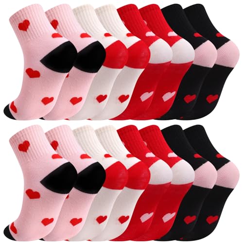 Jspupifip 8 Pairs Kids Girls Pink White Crew Athletic Socks with Retro Stripes Hearts