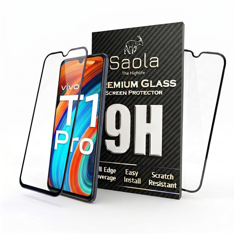 Image of Saola HD+ Oleophobic Tempered Glass Screen Protector For Vivo T1 Pro (Pack Of 2) with Free Installation Kit. Full screen Coverage - 6.58 inch