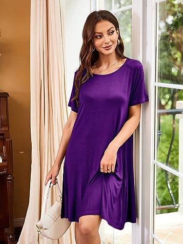 Image of Women's Summer Dresses 2026 Casual T Shirt Dress Short Sleeve Loose Flowy Sundress Swing Tunic Dress with Pockets Purple