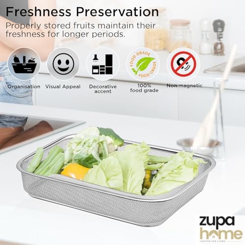 Image of Zupa Rust-Proof Stainless Steel Rectangular Strainer & Storage Basket | Multipurpose Fruit, Vegetable & Fridge Organizer (Silver) | 32 X 24 X 7 CM