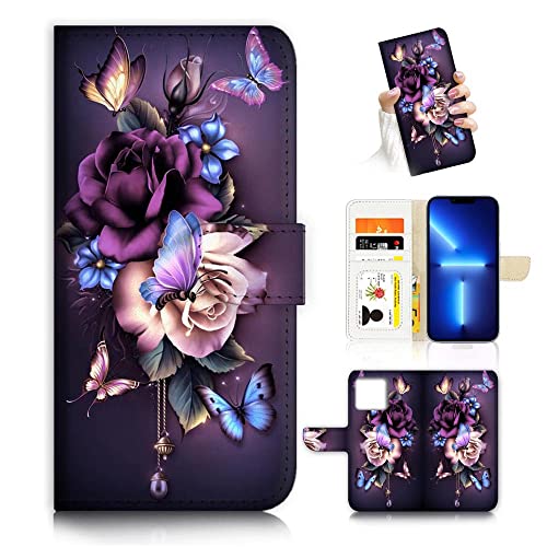 AJOURTEK for iPhone 13 Pro, Art Designed Flip Wallet Style Cover Case Fancy Flower Full Body Protection AD003 (#24886 Purple Rose Flower i13pro)