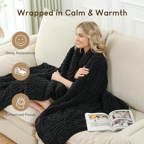 Image of Cottonblue Jacquard Weighted Blanket for Adults Queen Size 12 lbs, Soft Fluffy Sherpa Fleece Weighted Blankets Throw 60 inch x 80 inch for Sleep Relax, Fuzzy Warm Arch Heavy Blanket for Bed Sofa, Black