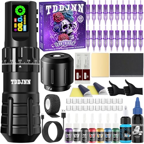 COMPLETE TATTOO MACHINE KIT WITH TDDJNN WIRELESS ROTARY TATTOO PEN/GUN 1800MAH LED BATTERY 7 STROKES LENGTH NORMAL/STIPPLING MODES RCA ADAPTER 20 CARTRIDGE NEEDLES FOR PRO ARTISTS & BEGINNERS (BLACK)
