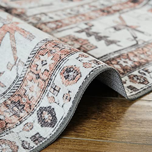 Oigae Machine Washable Rug 9' X 12', Ultra-Thin Vintage Bohemian Medallion Area Rugs, Stain Resistant Non-Slip Floor Carpet For Indoor Living Room Bedroom Kitchen, Red #TOP2