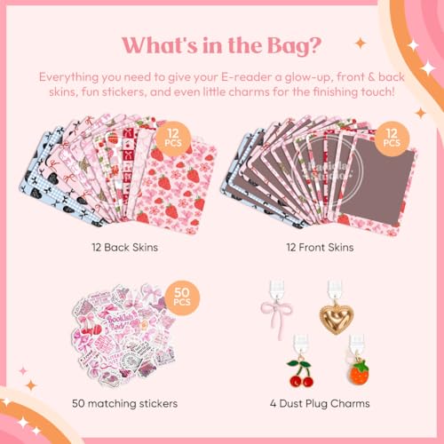 Image of KACIOLA STUDIO 24PCS Pink Bow Skin for E-Reader, and 4PCS Type C Charms for E-Reader with Scrapbook Stickers, 6.9 inchx4.8 inch Skin Front and Back Decal Inserts for Paper White 11th (Pink Bow)