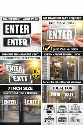 Image of WSQ Enter Exit Door Sign - Transparent Vinyl Window & Door Sticker, White Print, Peel and Stick, UV Protected, 7 Inch Office Business Entrance Exit Sign