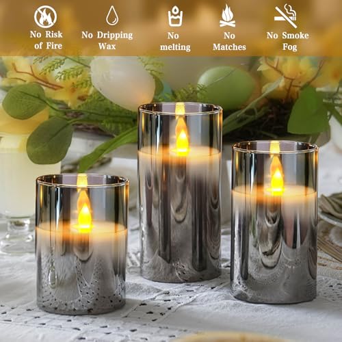 Led Flameless Candles, Battery Operated Flickering Candles Pillar Real Wax Moving Flame Electric Candle Sets Gold Glass Effect with Remote Timer, 4 in, 5 in, 6 in, Pack of 3 (Grey Glass) - Image 7