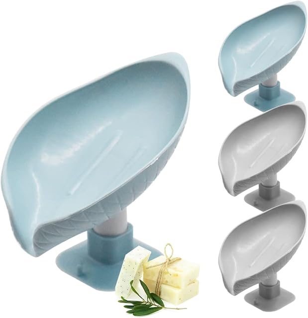 Soap Dish Holder,CHENKEE 4 pcs Plastic Soap Holder Leaf Shape Soap Dishes Self Draining Soap Holder Drainage Soap Box with Suction Cup for Bathroom Shower Restroom (Grey, Mint Green)