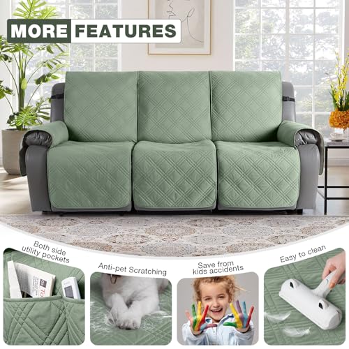 Image of TAOCOCO 100% Waterproof Recliner Sofa Cover, Non Slip Split Couch Covers for Reclining Couches with Straps, Washable Reclining Sofa Cover Furniture Protector for Kids Pets(3 Seater, Sage Green)