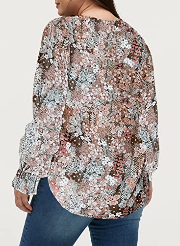 Eytino Women Plus Size Boho Floral Printed Tops Casual V Neck Long Sleeve Drawstring Blouses Shirts,3X Khaki #TOP1