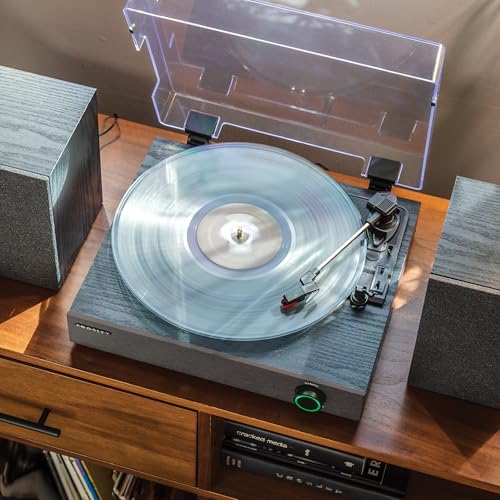 Image of Crosley CR7503A-BK Zane Record Player with Speakers, Black | 3-Speed Turntable, Bluetooth In / Out, LED Color on Dial Indicates Audio Mode, Matching External 38W Stereo Speakers