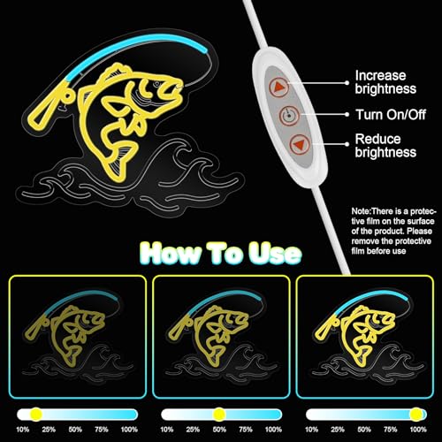 Image of Fishing Neon Sign for Wall Decor,Dimmable Fishing Hook Neon Light Up Signs for Yacht Man Cave Living Room Father's Gifts