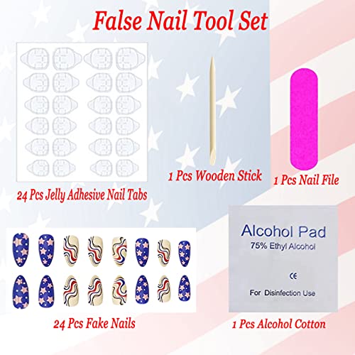 4Th Of July Press On Nails Medium Length Independence Day Nails Designs Blue Matte Patriotic False Nails Usa America Fake Nails Wave Line Stripe Star Acrylic Nails Tips July 4 Nails For Women 24Pcs #TOP2