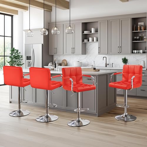 Image of Yaheetech Bar Stools Set of 4, Swivel with Backs, Adjustable Height, Red