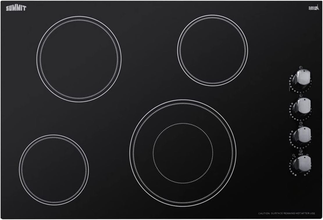 Summit CR4B30MB 30" Wide 208-240V 4-Burner Radiant Cooktop, Smooth Black Ceramic Glass, 208V-240V, 6700W, Dual Cooking Zone, Push-to-Turn Knobs, Easy to Clean