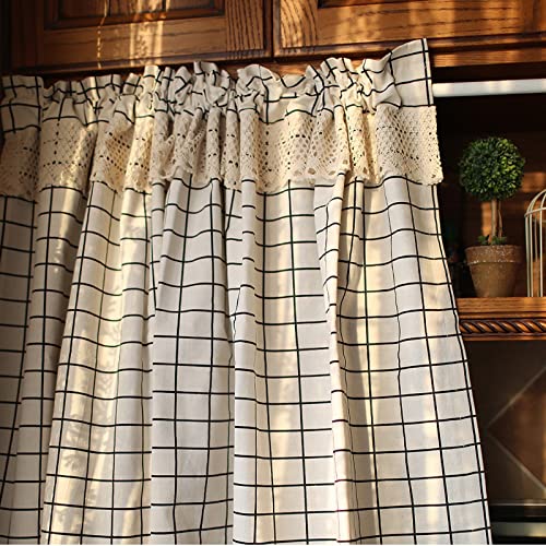 A.Monamour Rideau de Cuisine Court pour Petit Fenêtre Coton Lin Dentelle Carreaux Noir Blanc Opaque Rideau Brise-bise Rideaux à étages Rideaux à Disques...