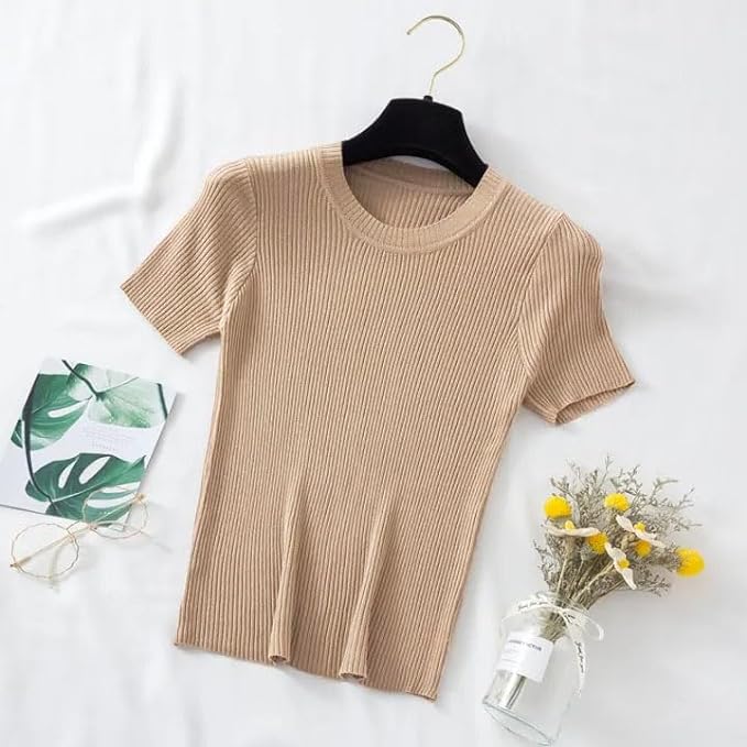 Image of Typical Fashion Women's Ribbed Knit Slim Fit Top - Short Sleeve, Round Neck, Stretchable Stylish T-Shirt for Casual & Formal Wear