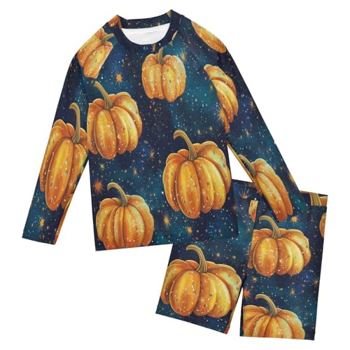 Pumpkin Galaxy Nebula Boys Swimsuit Rash Guard Toddler Kids Long Sleeve Swim Shirt and Trunks Swimwear Set 3-10Y