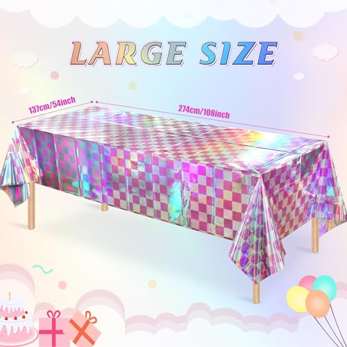 Image of 6 Pack Pink and Iridescent Checkered Plastic Tablecloth, Shiny Disposable Laser Rectangle Table Covers, Holographic Foil Tablecloth Iridescent Party Decorations for Picnic Camping Outdoor, 54x108Inch
