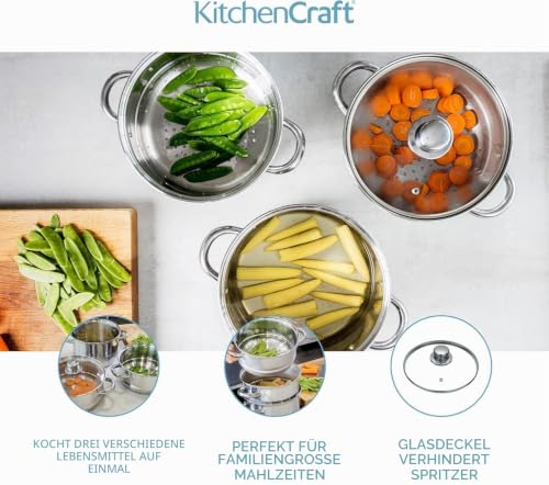 KitchenCraft 3 Kochtopf Set, Dampfgarer/Suppentopf Steamer 3-stufig, Induktionssicher, Edelstahl, in Geschenkbox, 22 cm (9''), Silber – Ansicht 4