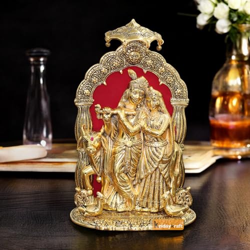 Image of KridayKraft Metal Radha Krishna Idol with Cow Decorative Showpiece Statue for Puja Room Home Office Desk Gift Items Ornate Metal Sculpture of Hindu Deities (Height 33 CM)