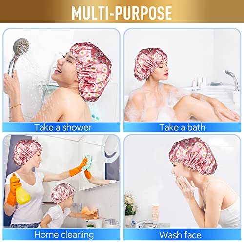 Reusable Shower Cap, Hair Cap, Oversized Waterproof Shower Caps Large Designed For All Hair Lengths With Peva Lining & Elastic Band Stretch Shower Hat - Pink Flower Shower Caps For Women #TOP5