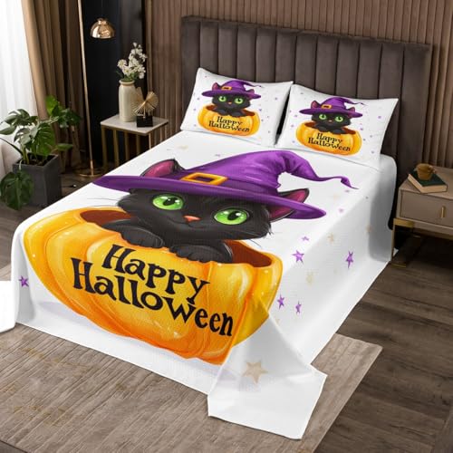 Happy Halloween Bedspread,Cartoon Cat Witch Hat Decor Bedding Set for Kids Boys Girls Teens,Orange Pumpkin Purple Stars Print Coverlet Set with 2 Pillowcases,King Size 3 Pcs