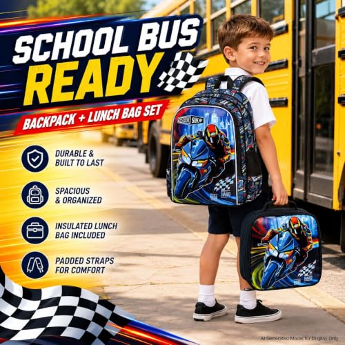 Image of HPJGD 3PCS Boys Motocycle Backpack, Water Resistant Kids Bookbag Set with Lunch Box, Cute School Bag for Preschool Toddler