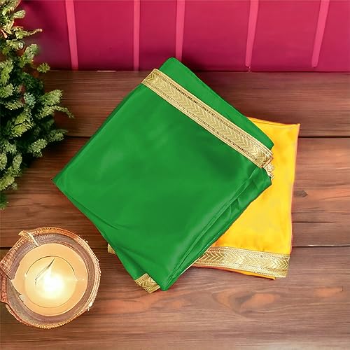 Image of Pooja Cloth Green & Yellow, Hindu Rituals, Satin Kapda, Mandir Ke Liye Kapda, Puja Chowki Clothe, 1 Meter Each Clothe (Set of 2) Green & Yellow