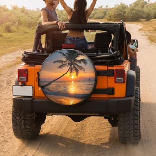 Image of Tropical Beach at Beautiful Sunset Spare Tire Cover Dust-Proof Wheel Tire Cover Fit Trailer, RV, SUV and Many Vehicle 17 Inch