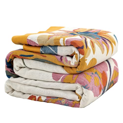 Boho Throw Blanket, 100% Organic Cotton Breathable Ultra Soft Bed Cover 50" x 60" Throw - All Season Rustic Floral Farmhouse Decor Blanket for Sofa Couch Chair and Gift-Beige