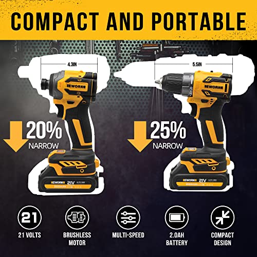 Cordless Drill And Impact Driver Set - Ework 21V Brushless Compact Power Tool Combo Kits Power Impact Drill Set- Electric Drill With (2) 2.0Ah Batteries, Fast Charger, Tool Bag #TOP1