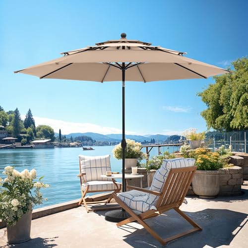 Image of PHI VILLA 10ft Outdoor Patio Umbrella for Outside, 3 Tier Vented Round Market Table Umbrella Windproof for Backyard, Deck, Garden, Beige & Tan(No Base)