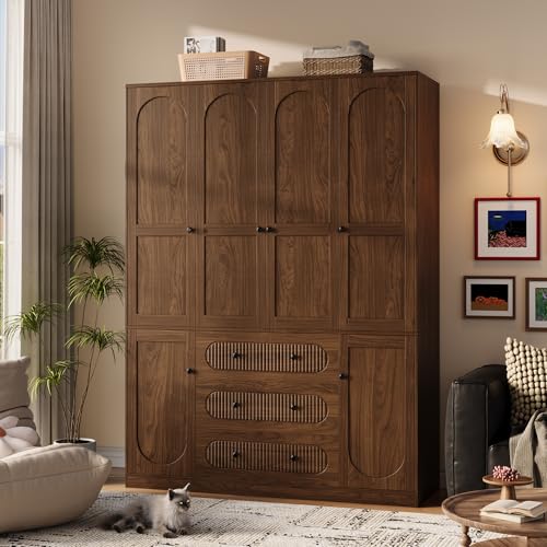 TOKSOM 4 Doors Freestanding Armoire Wardrobe Closet, 72' Walnut Wardrobe Armoire Wooden Closet Large Capacity Storage with 3 Drawers & 3 Hanging Rod Shelves Clothes Organizer