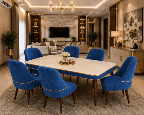 Image of WOODEN SPACE 6-Seater Wooden Dining Table Set | Nano Composite Marble Top | Solid Wood Base | Modern Dining Room Furniture with 6 Chairs (Blue Grand Aura)